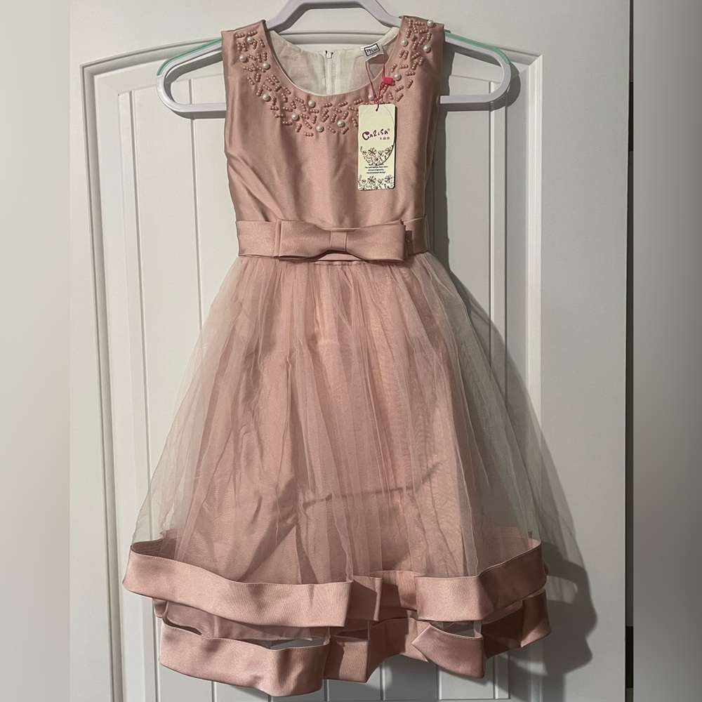 NWT Dusty Rose Flower Girl Pageant Style Dress, Beautiful Bead Detailing Sz 8-10